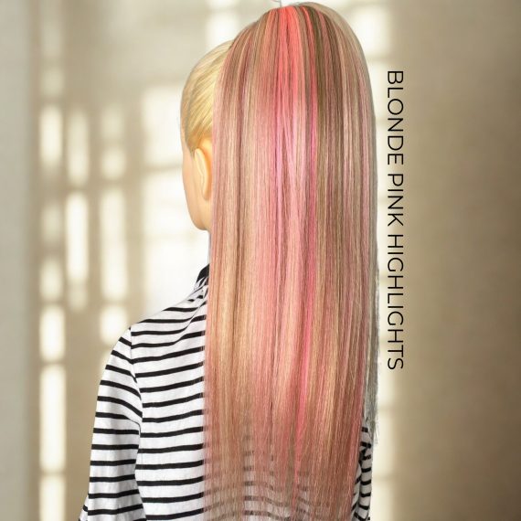 Blonde Pink Highlights Ponytail Extension On Elastic Band 14-28 INCH